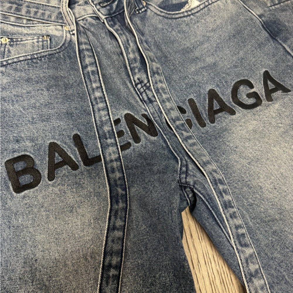 Balenciaga Men's Washed Blue Jeans with Black Logo